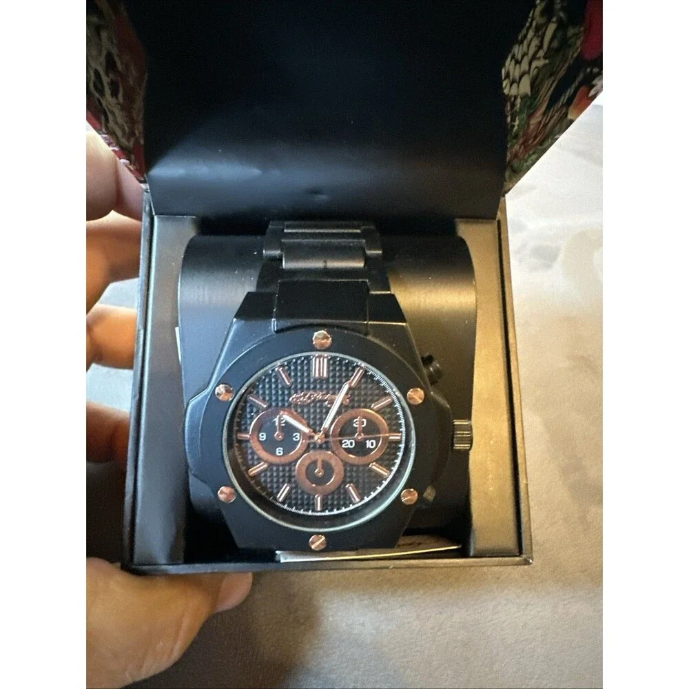 Ed Hardy Watch New In Box Black Stainless Steel Rose Gold Quartz Screw Accent